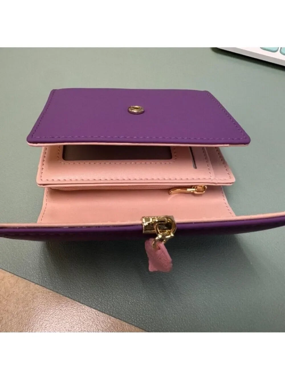 RFID Purple Wallet Leaf Card Holder Trifold Ladies Wallet with Zipper Pocket